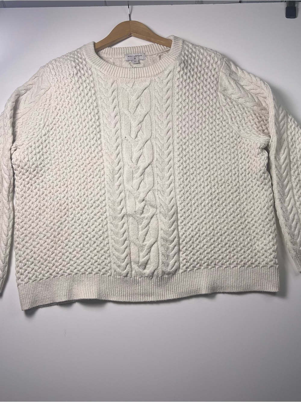 Nili Lotan Cream Cable-Knit Crew Sweater Fisherman Cozy Women’s Size 2XL